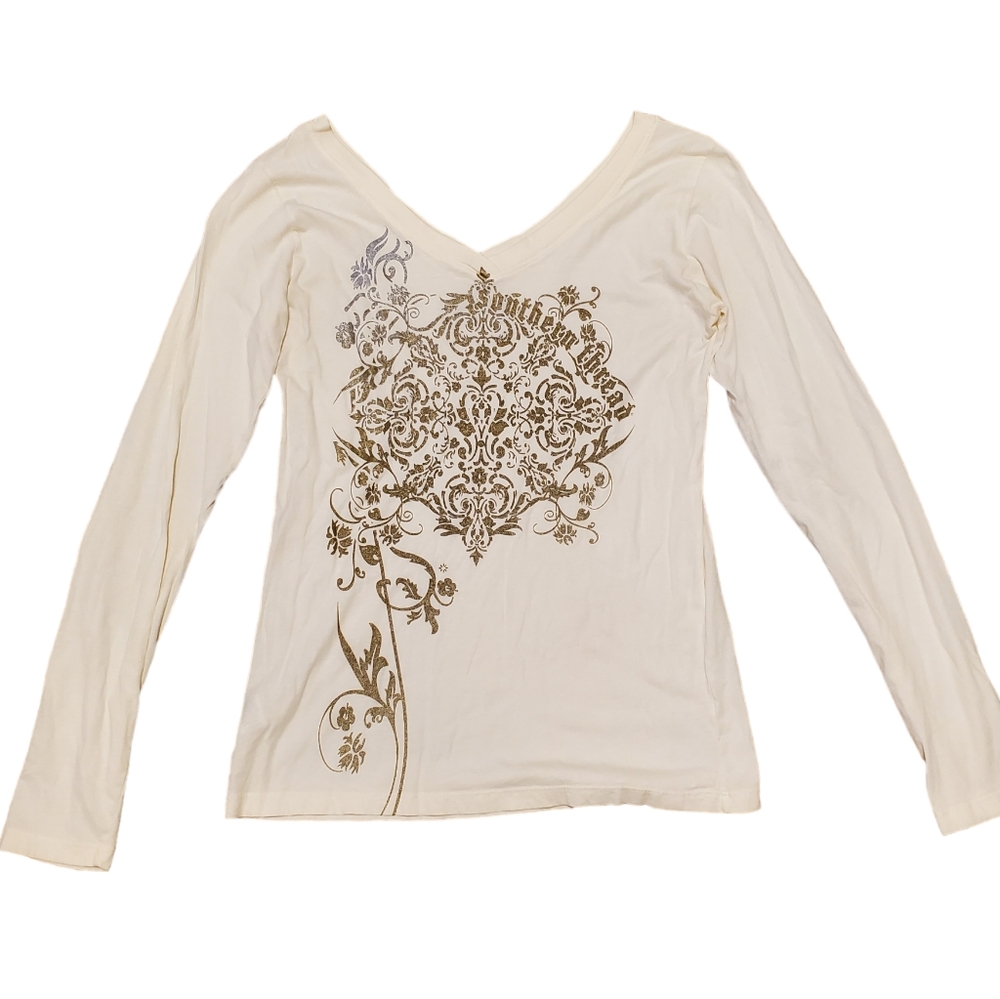 Southern Thread L Cream Longsleeve Metallic Floral Pattern V Cut Front B…